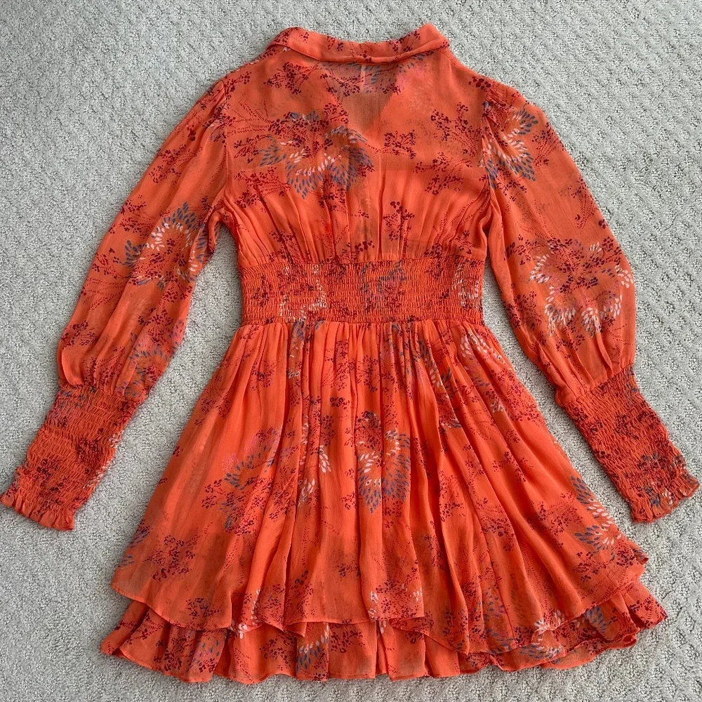 Free People Long Sleeve Smocked Mini Dress Orange XS Boho Festival Romantic